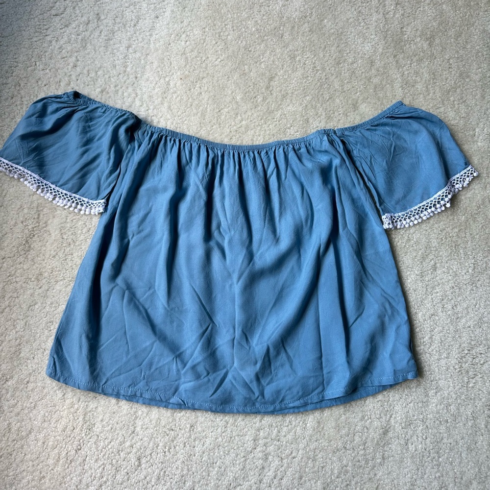 Handmade Blue Off-Shoulder Top with Lace Trim